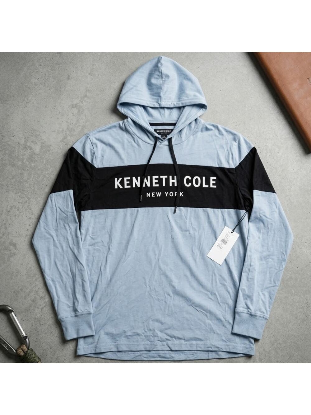 Kenneth Cole Mens Logo Hoodie Sweatshirt L Dusty Blue Black Colorblock NWT